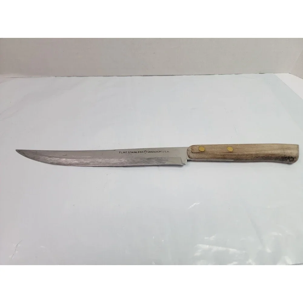 Vintage Flint Stainless Vanadium USA 7.25” Carving Slicing Knife Wood Handle